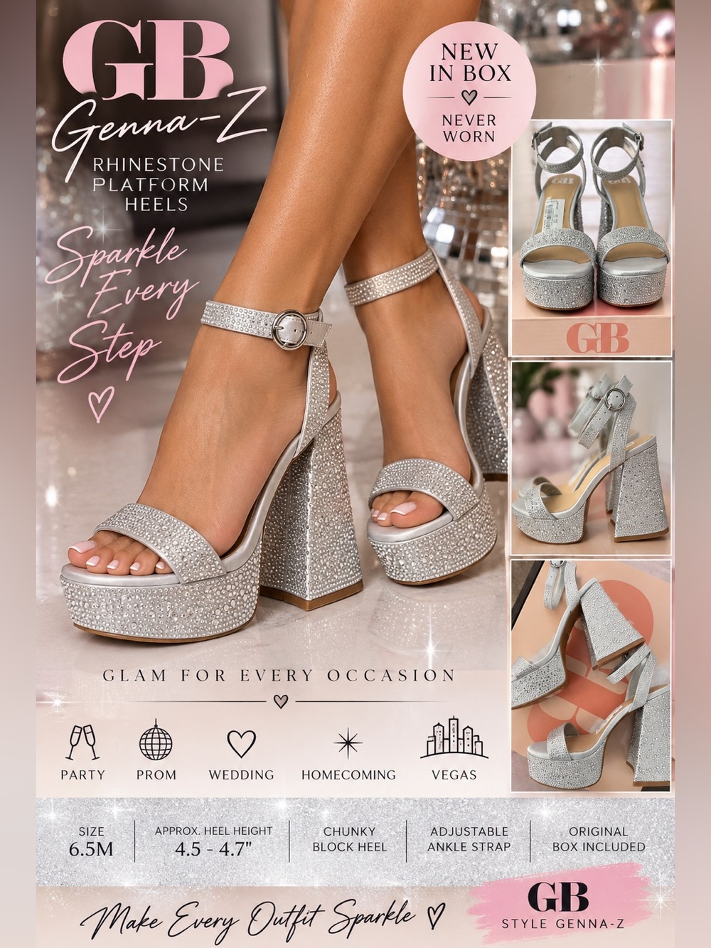 NIB GB Genna-Z Silver Rhinestone Platform Chunky Heels Size 6.5